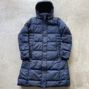 Patagonia Womens L Navy Blue Down With It Hooded Long Parka Jacket Puffer